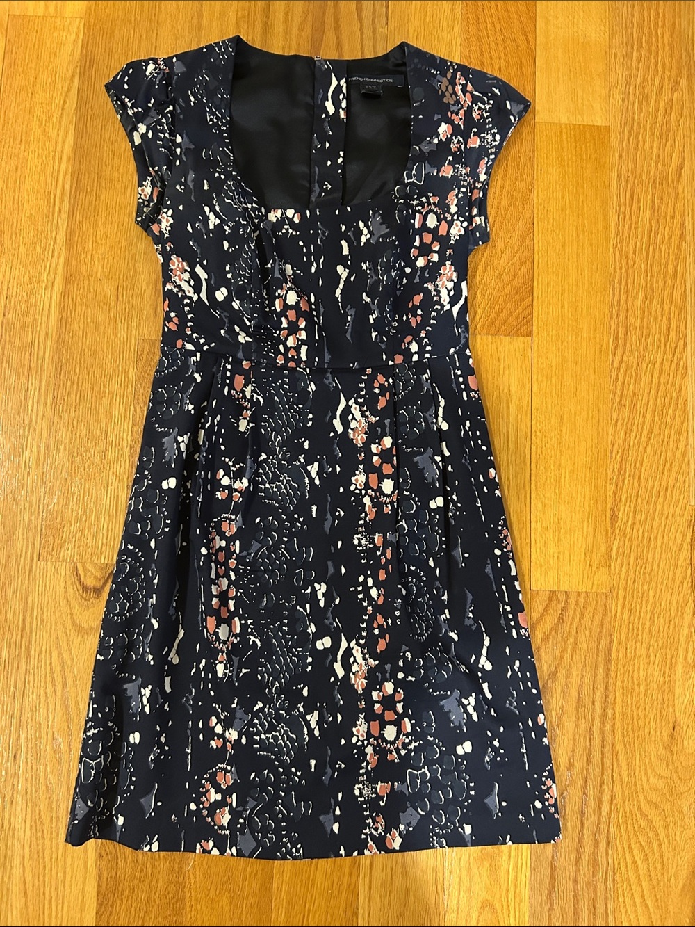 French Connection Navy Floral Fit-and-Flare Dress with Cream and Blush Accents